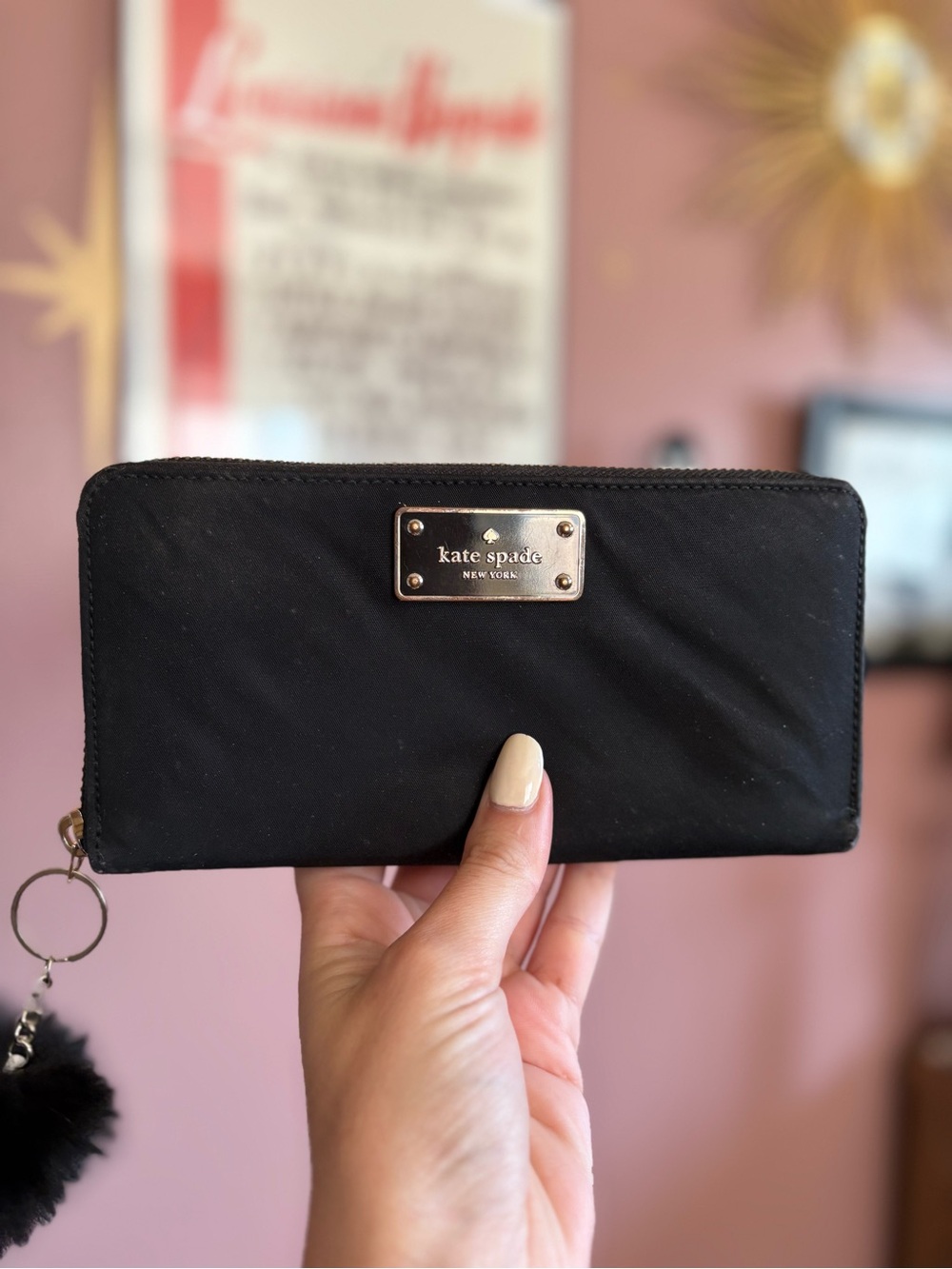 kate spade black zip-around wallet with logo plaque